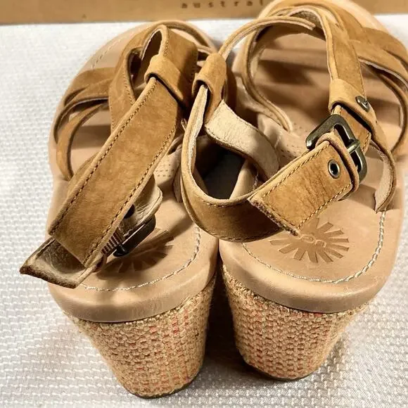 NIB Ugg Wedge High Heel Strappy Sandals Size 9 Brown Leather‎ - Picture 6 of 16